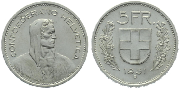 5 Franken 1931 B - 13 Sterne über dem Kopf